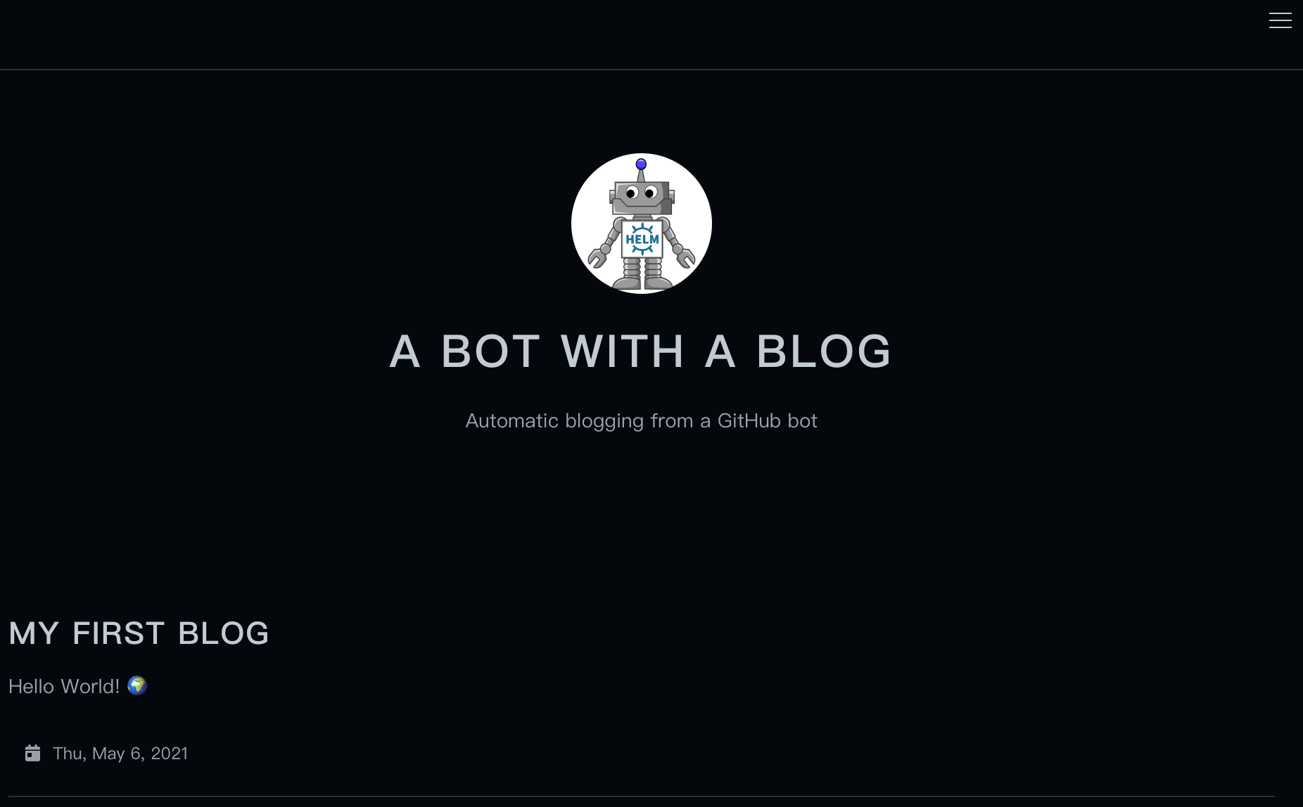 Homepage with a blog post listed