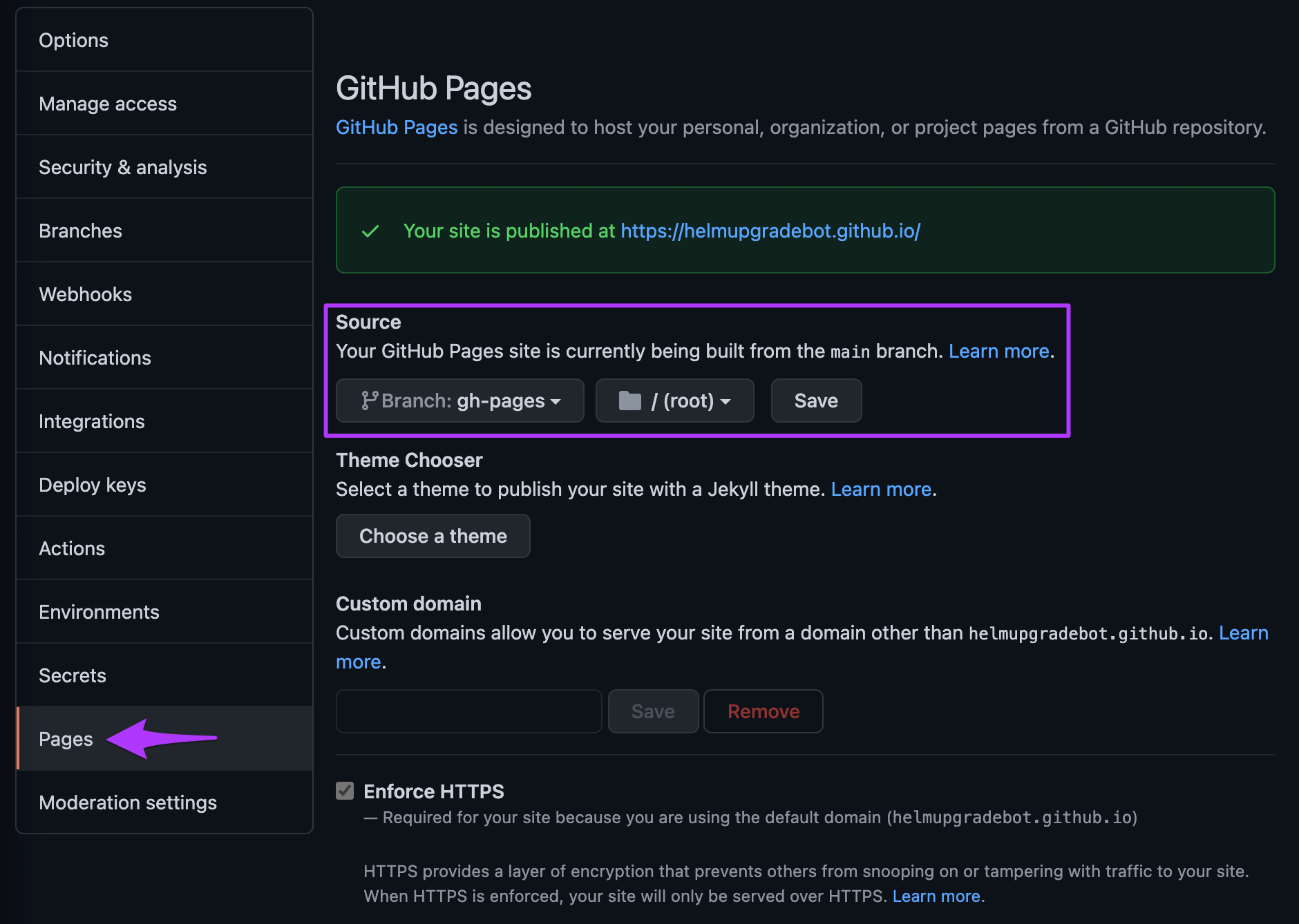Configuring GitHub Pages in the repo Settings