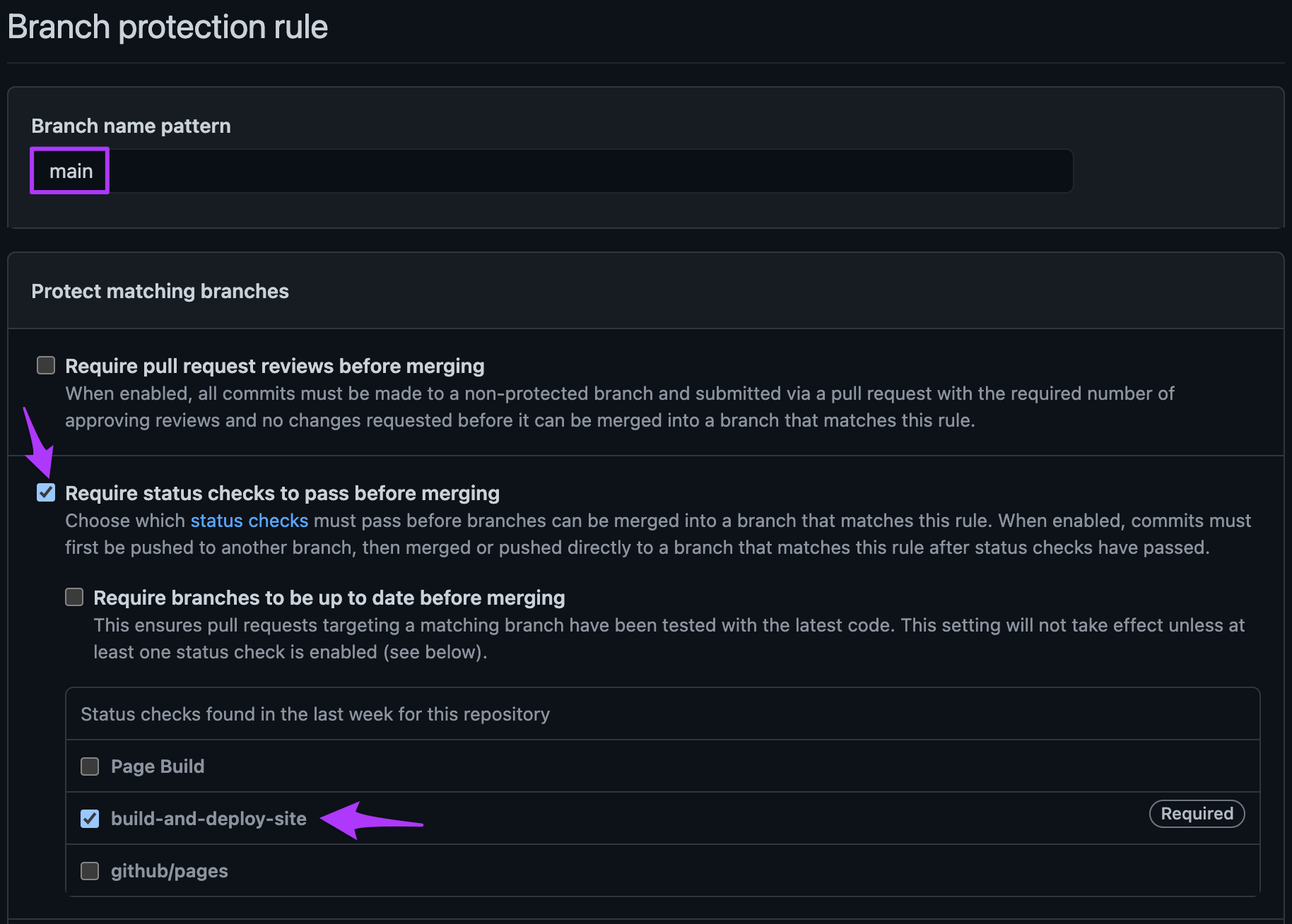 Creating the branch protection rule