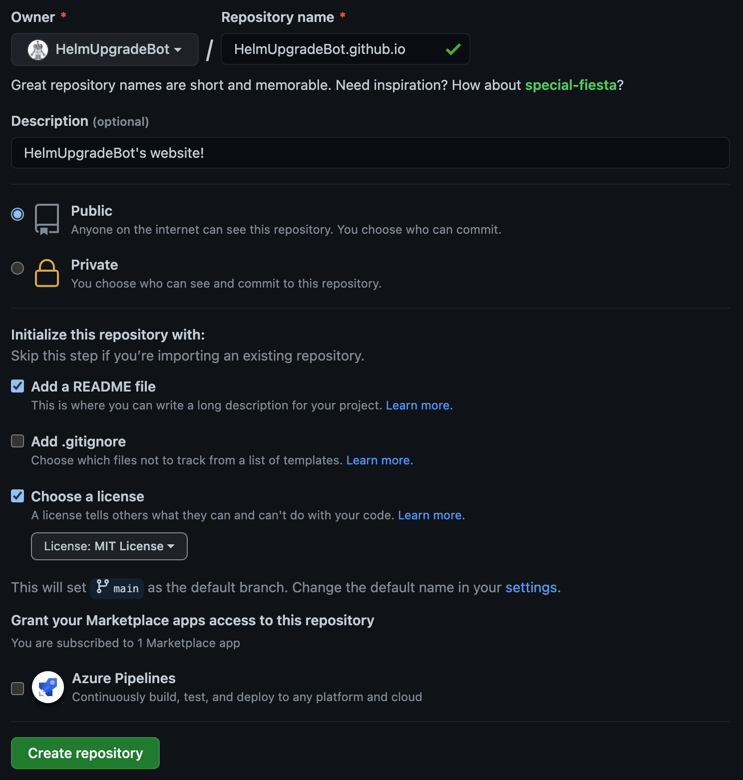 Example of how to fill in GitHub's create repository form