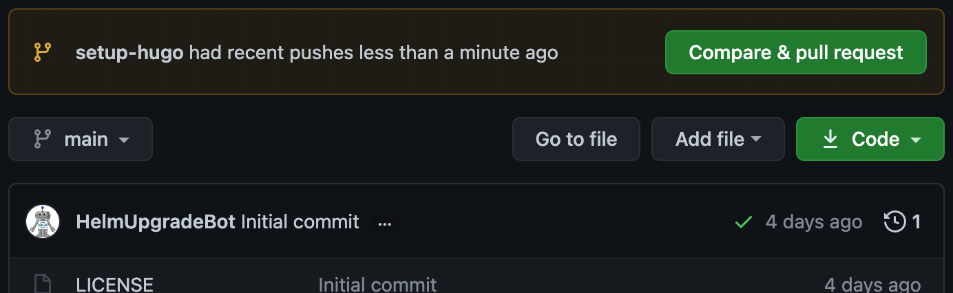 GitHub repo page with a banner and "Compare & pull request" button