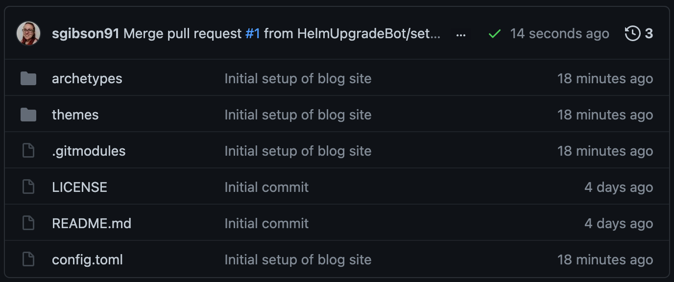 The GitHub repo's `main` branch with the hugo files now added to it